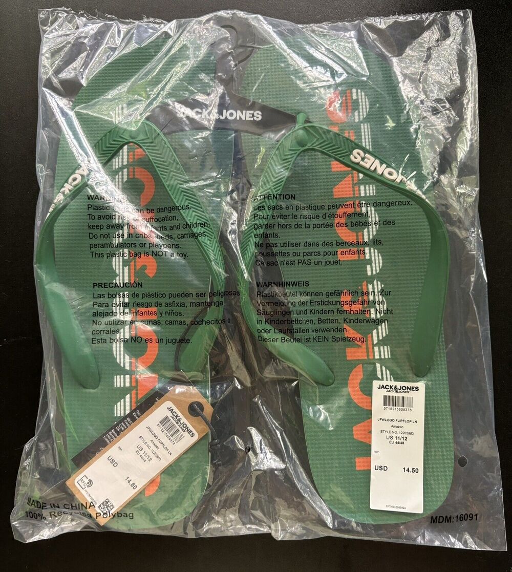 Men's Flip Flops Jack & Jones Size 11/12 Green with orange and white